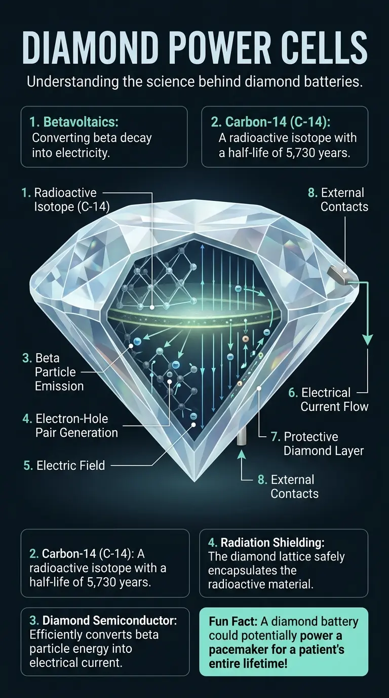 Infographic explaining how diamond batteries work, their benefits, and potential applications in space exploration, medical implants, and remote sensing. #diamondbattery #energy #innovation #science #technology