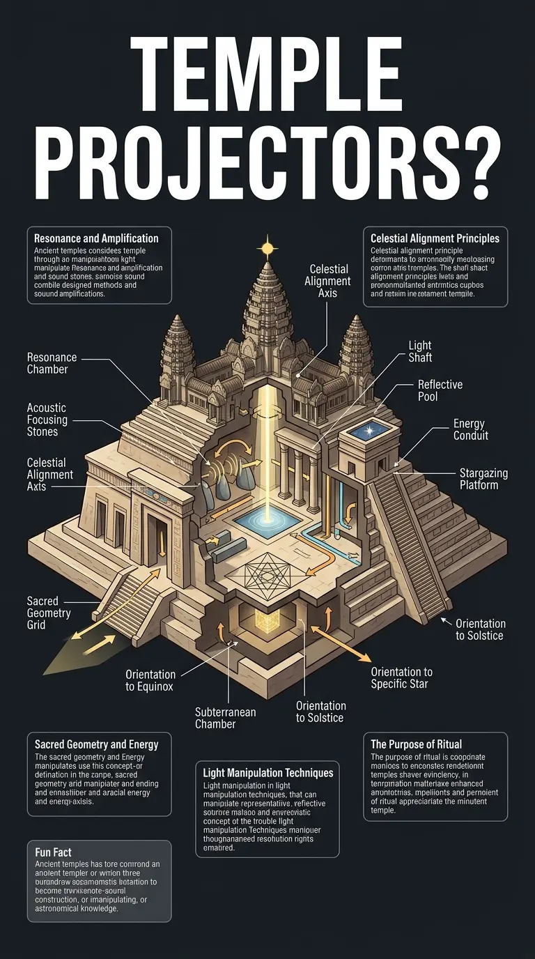 Infographic explaining the theory that ancient temples were designed as cosmic projectors, focusing on their architectural features and potential astronomical alignments.