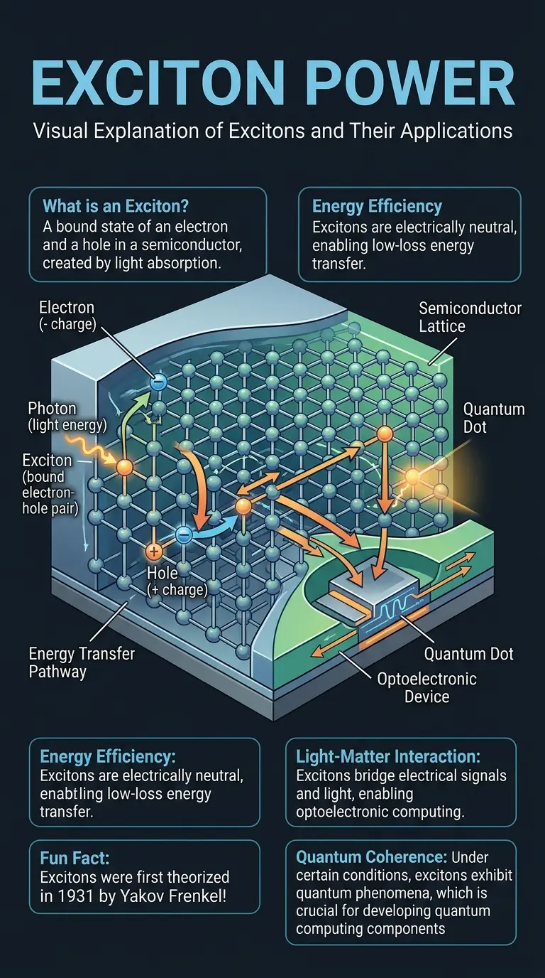 Educational infographic explaining excitons, their properties, and potential applications in future electronics, including optoelectronic computing and quantum information processing.