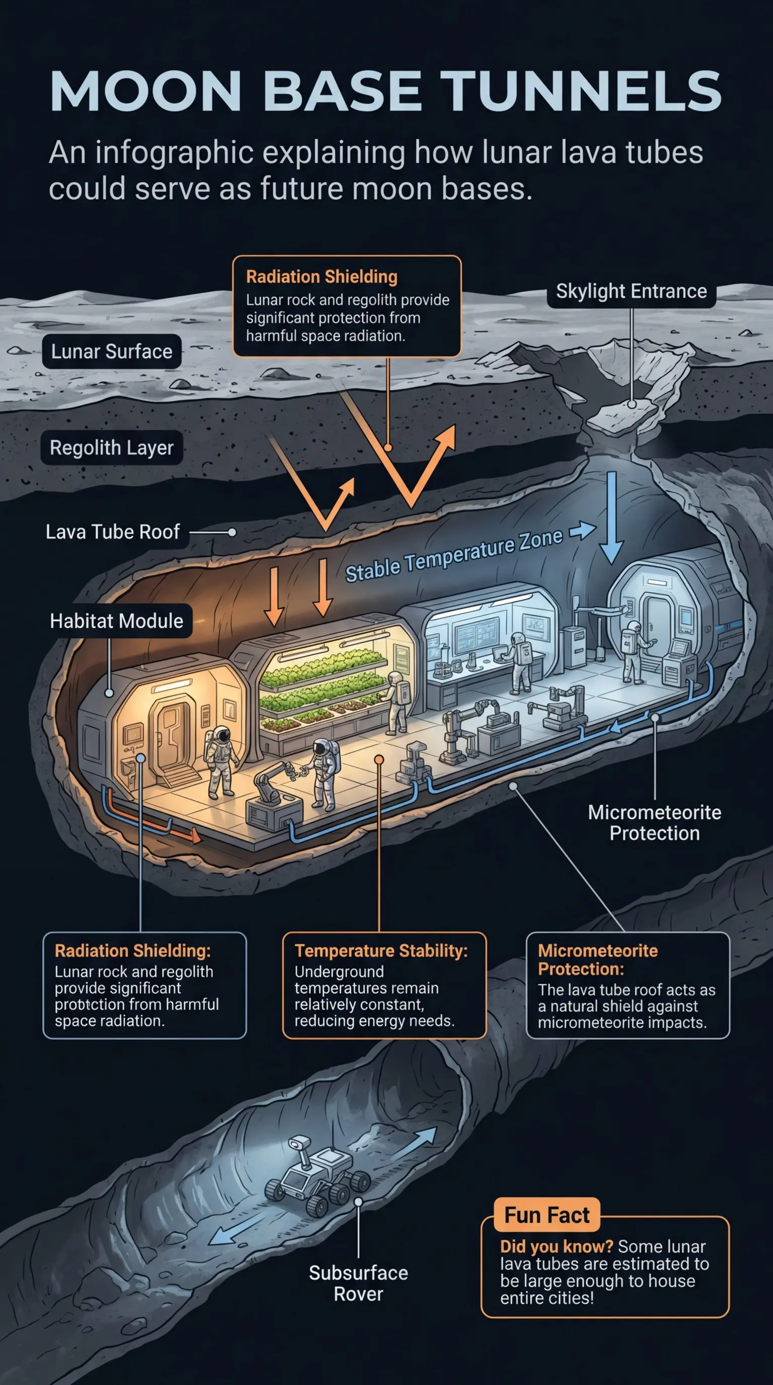 Infographic showing a cutaway view of lunar lava tubes and their potential as future lunar bases, highlighting radiation shielding, temperature stability, and micrometeorite protection.