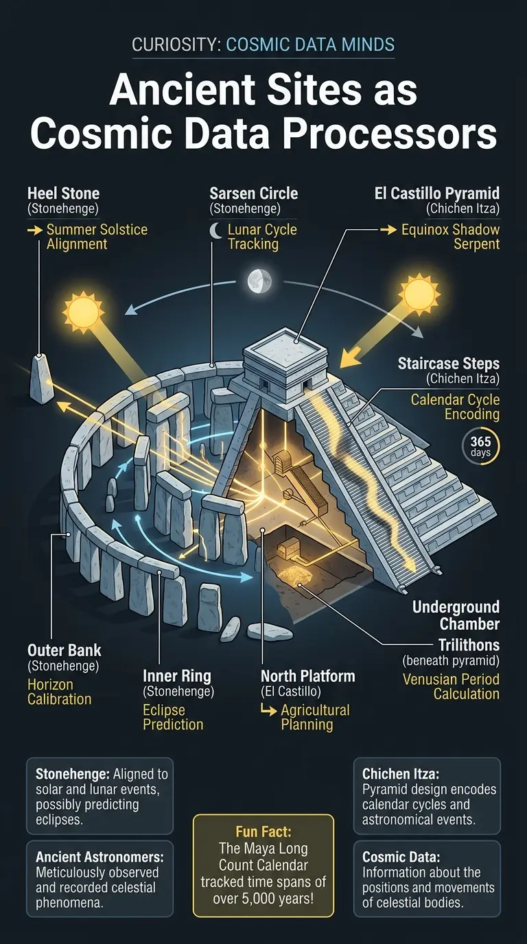 Infographic illustrating how ancient sites like Stonehenge and Chichen Itza may have functioned as cosmic data processors, tracking celestial events and guiding ancient civilizations.