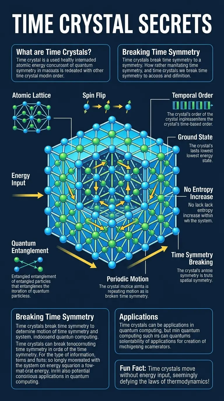 Infographic explaining the structure and properties of time crystals, a strange state of matter that challenges conventional physics, with labeled components and directional arrows.