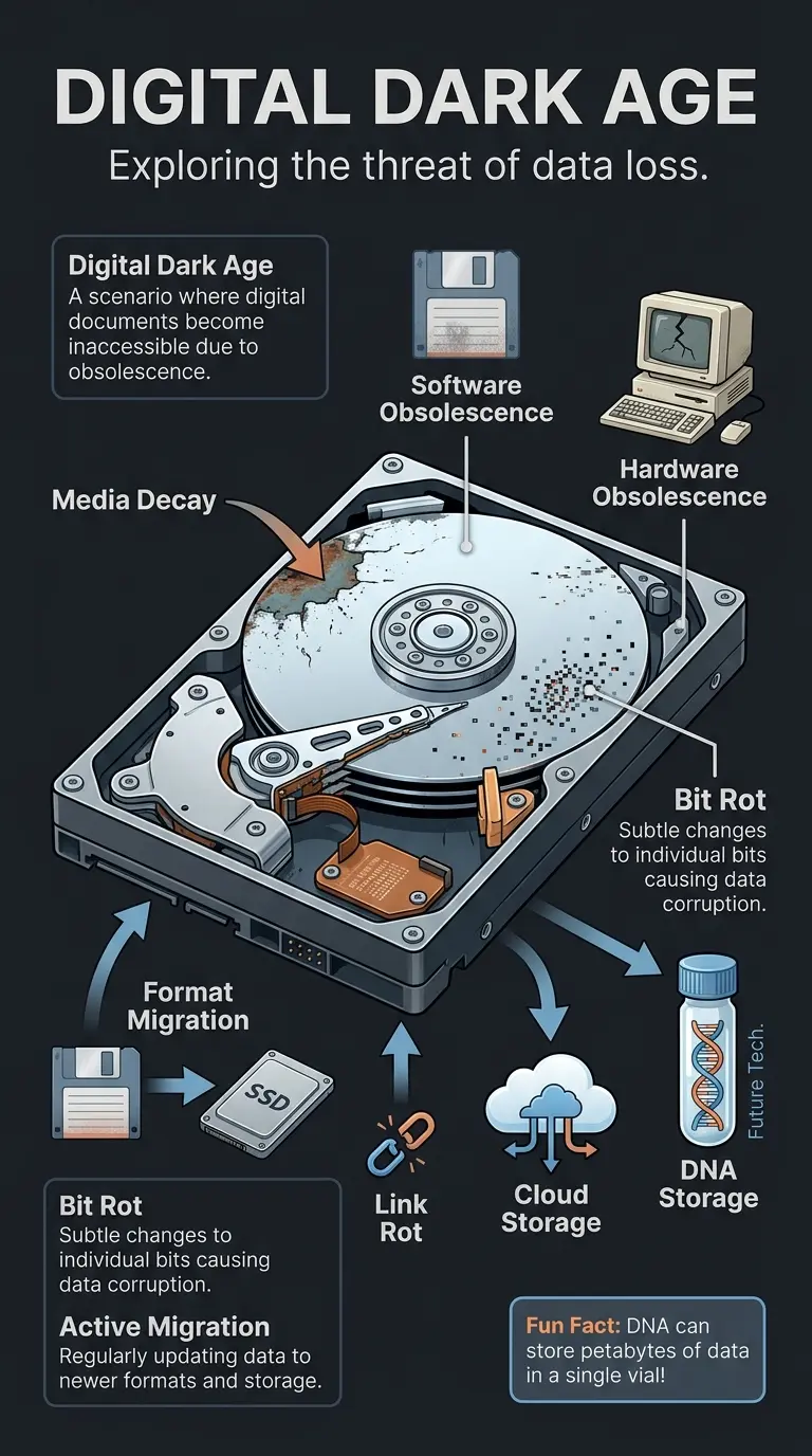Infographic explaining the Digital Dark Age, including causes of data loss, current solutions like DNA storage, and the role of AI in digital preservation.