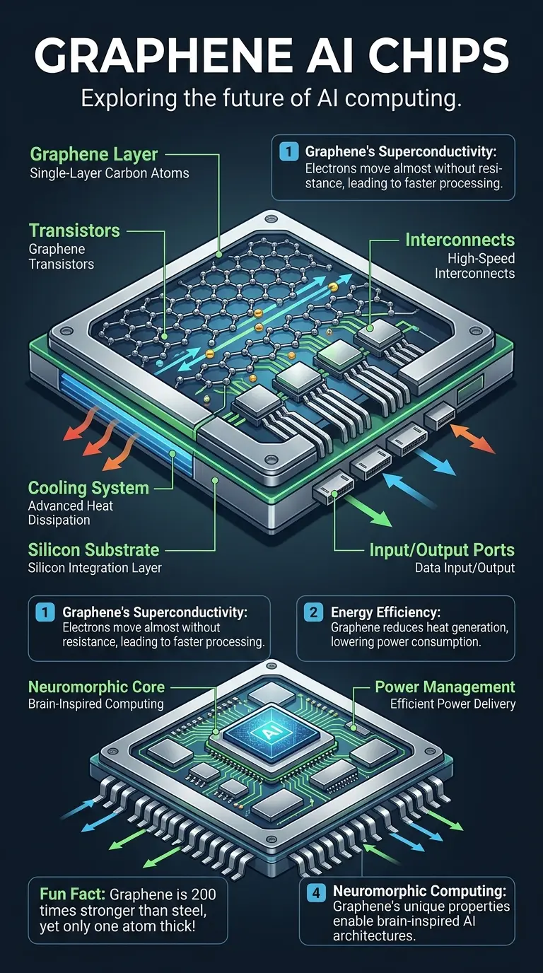 Infographic explaining how graphene chips could revolutionize AI by offering faster speeds, greater energy efficiency, and enhanced miniaturization. #graphene #AI #chips