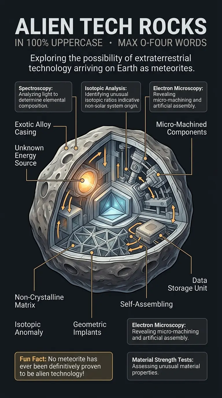 Infographic explaining the possibility of some meteorites being extraterrestrial technology, detailing how scientists identify anomalous space rocks.