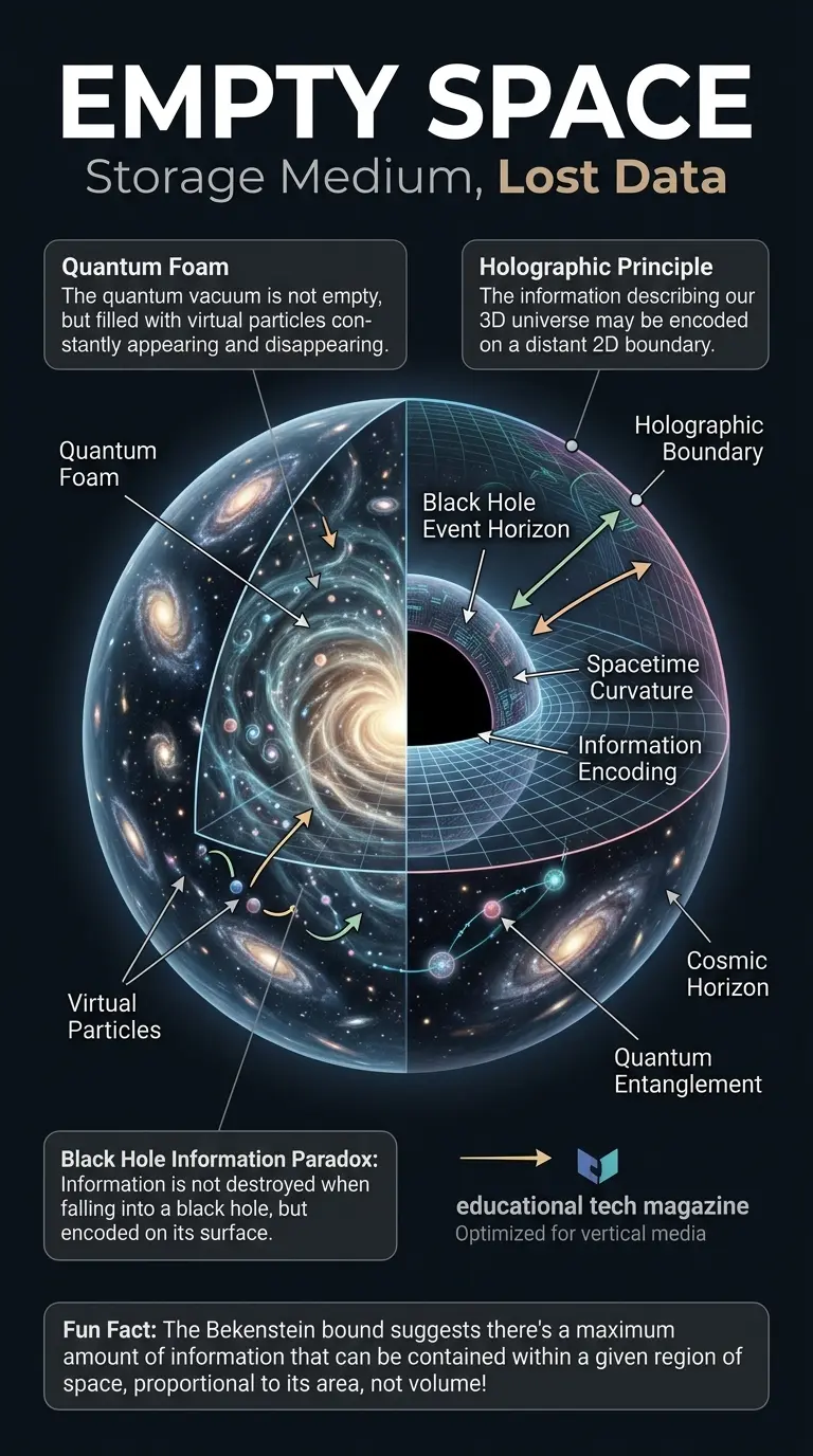 Infographic explaining the concept of empty space as a potential storage medium for the universe's lost data, including quantum foam, black holes, and the holographic principle.