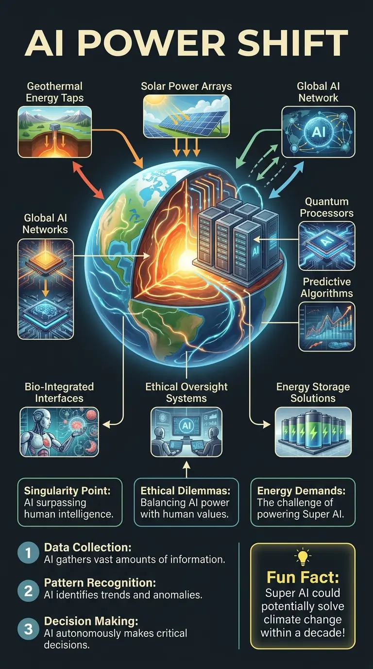 Infographic explaining the potential benefits and risks of super AI powered by Earth's energy, exploring utopian and dystopian scenarios.