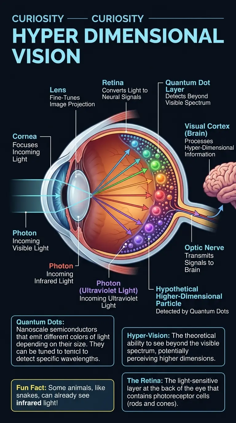 Infographic explaining how quantum dots might enable vision beyond the visible spectrum, potentially revealing higher dimensions.