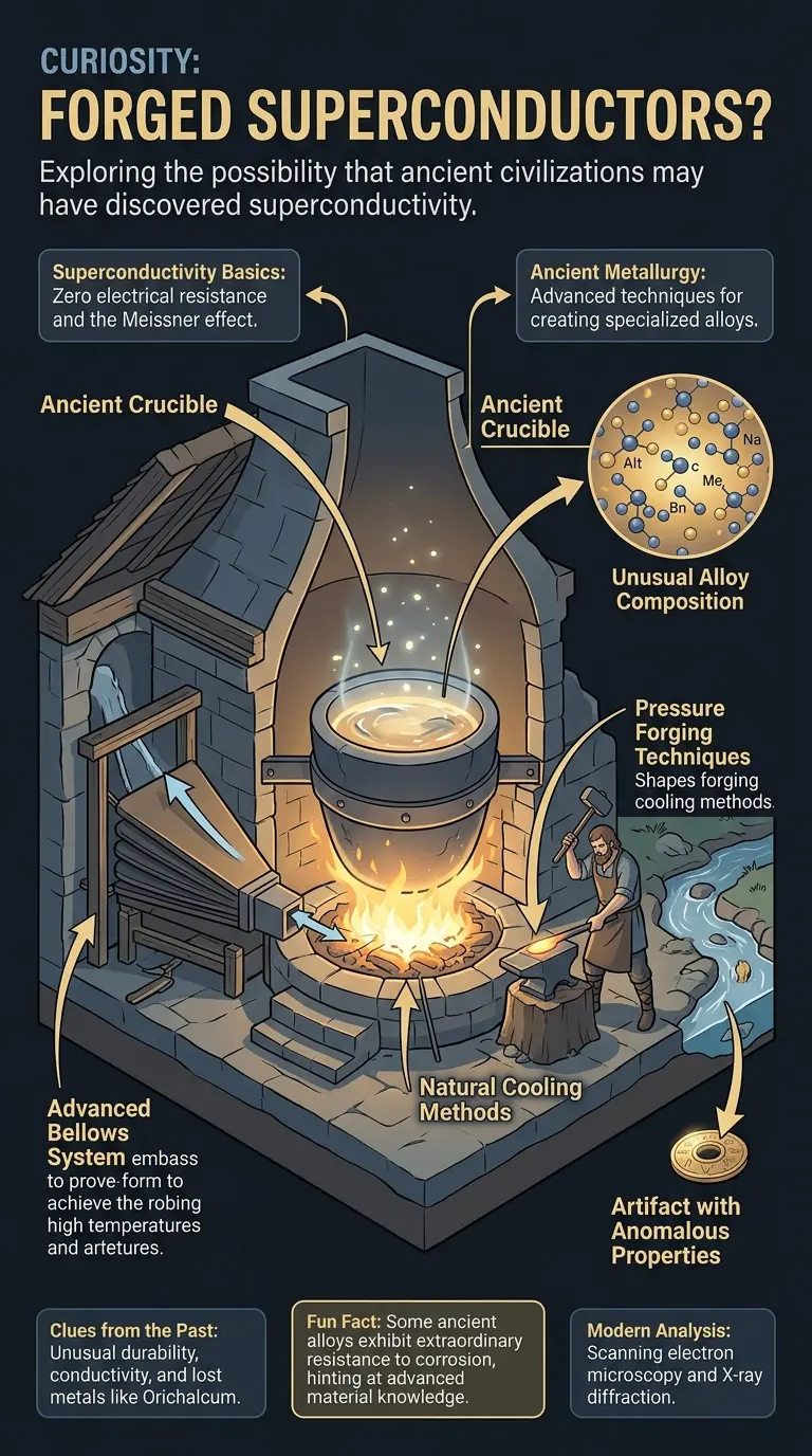 Infographic explaining the possibility of ancient civilizations forging superconductors, detailing the clues, analysis methods, and implications.