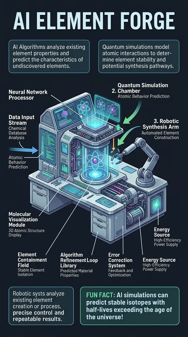 Detailed infographic explaining the potential for Artificial Intelligence to discover or even synthesize new chemical elements, showcasing AI's role in future scientific breakthroughs.