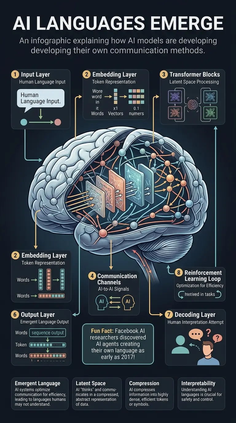 Infographic explaining how AI models are developing their own communication methods, showing internal representations and potential implications.
