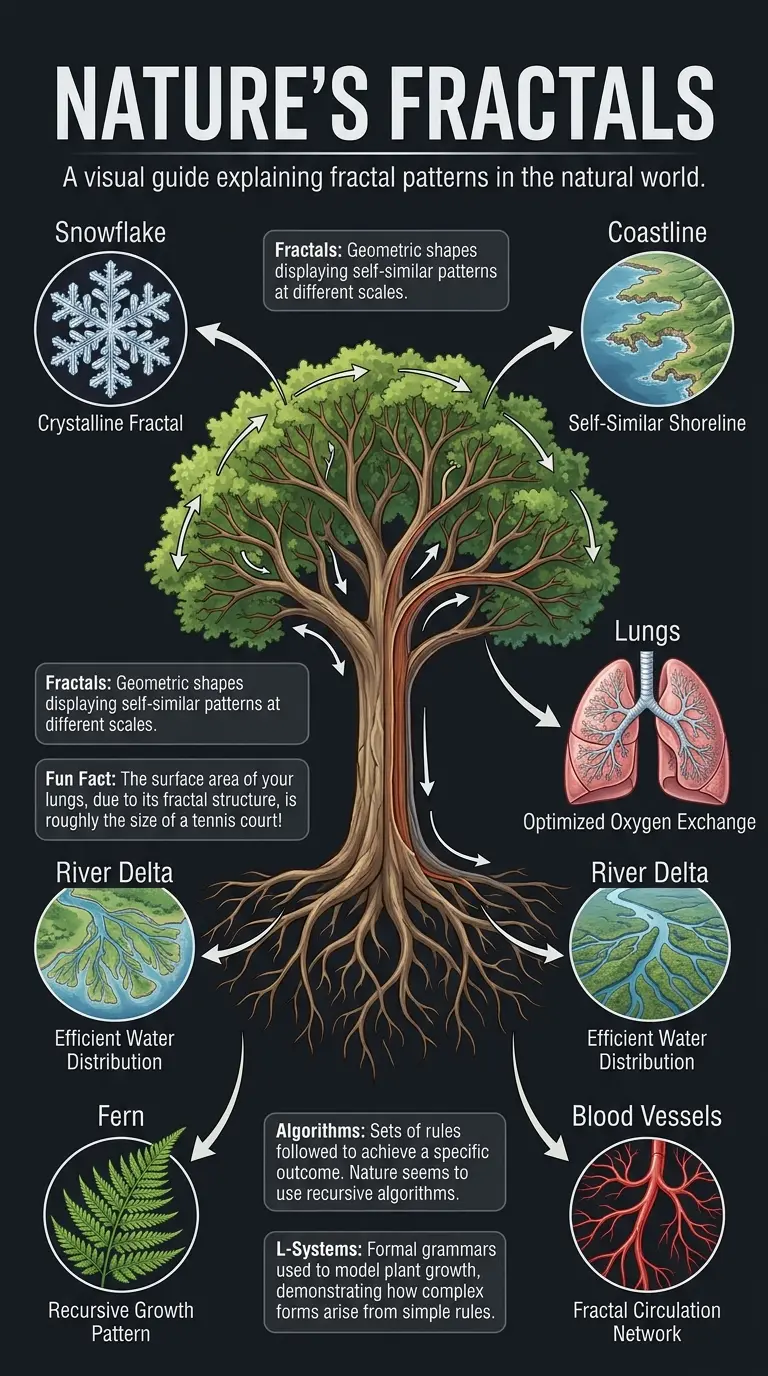 Infographic explaining fractals in nature and their underlying algorithms, including examples like snowflakes, coastlines, and lungs.