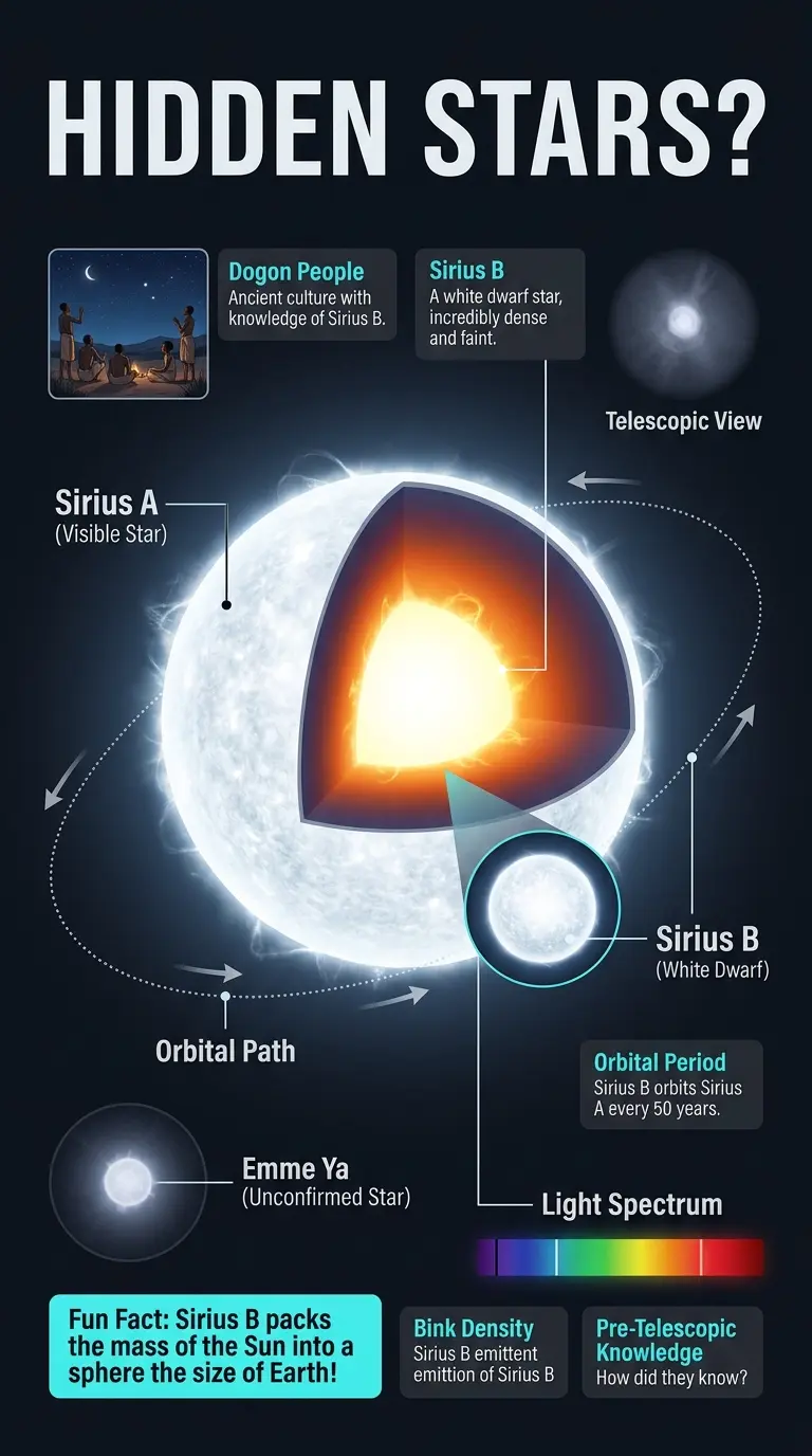 Infographic explaining the Dogon people's knowledge of Sirius B, a white dwarf star invisible to the naked eye, and theories about how they knew about it. #ancientastronomy #dogon #siriusb