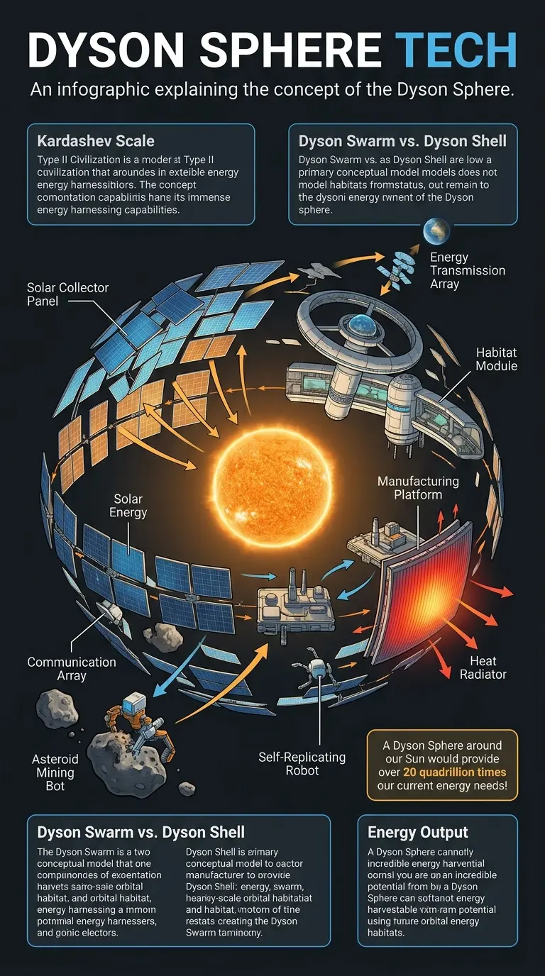 Infographic explaining the concept of a Dyson Sphere, its components, challenges, and potential benefits for advanced civilizations. #DysonSphere #Space #Energy
