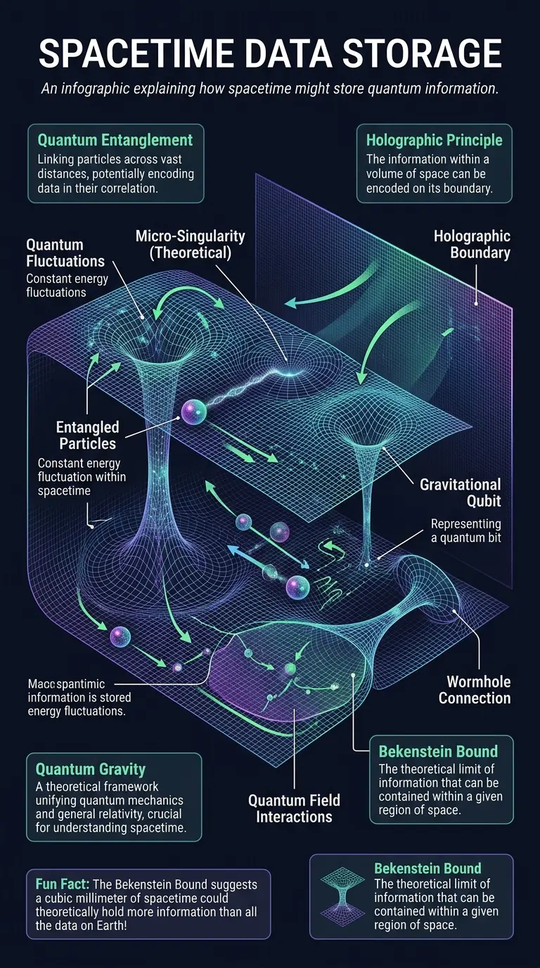 Infographic explaining the concept of storing quantum data in spacetime, detailing challenges, information density, and theoretical implications.