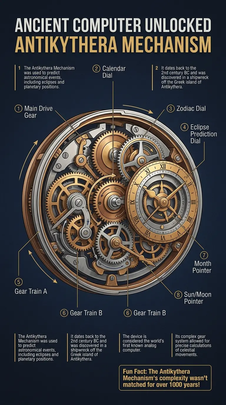 Detailed infographic explaining the Antikythera mechanism, an ancient Greek analog computer, showcasing its intricate gears and astronomical calculations. #AntikytheraMechanism #AncientTechnology #ScienceHistory