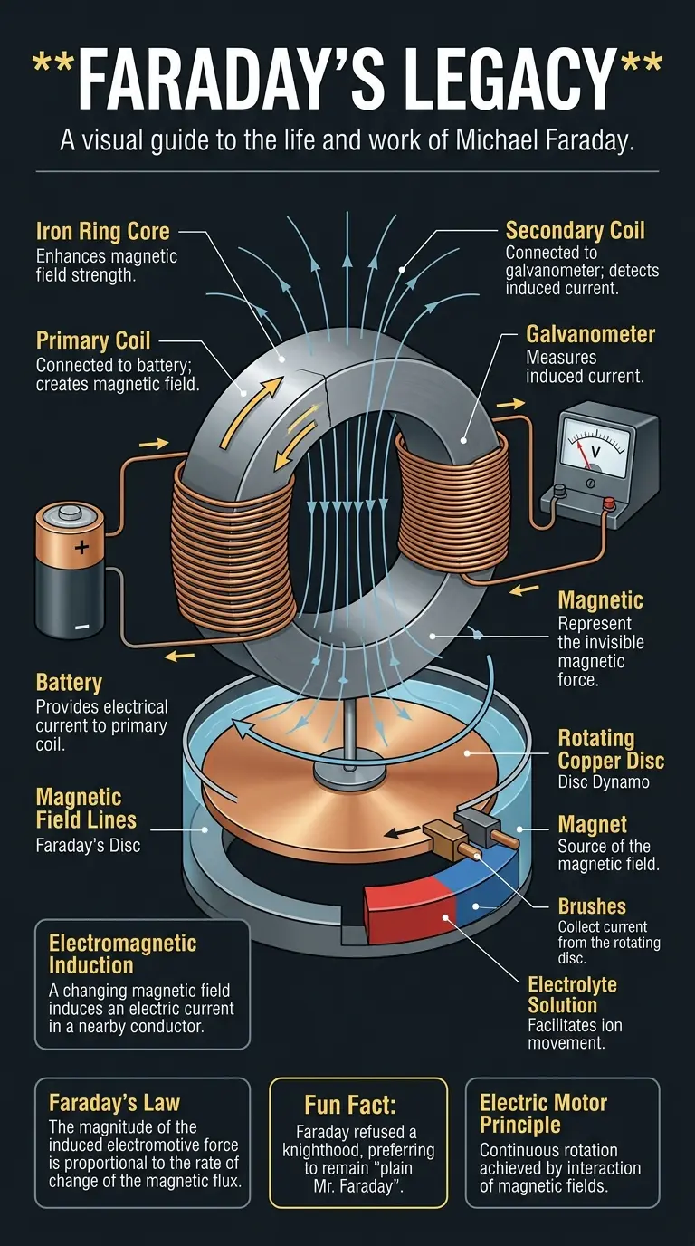 Infographic explaining Michael Faraday's life, discoveries, and impact on electromagnetism, electric motors, and modern science.