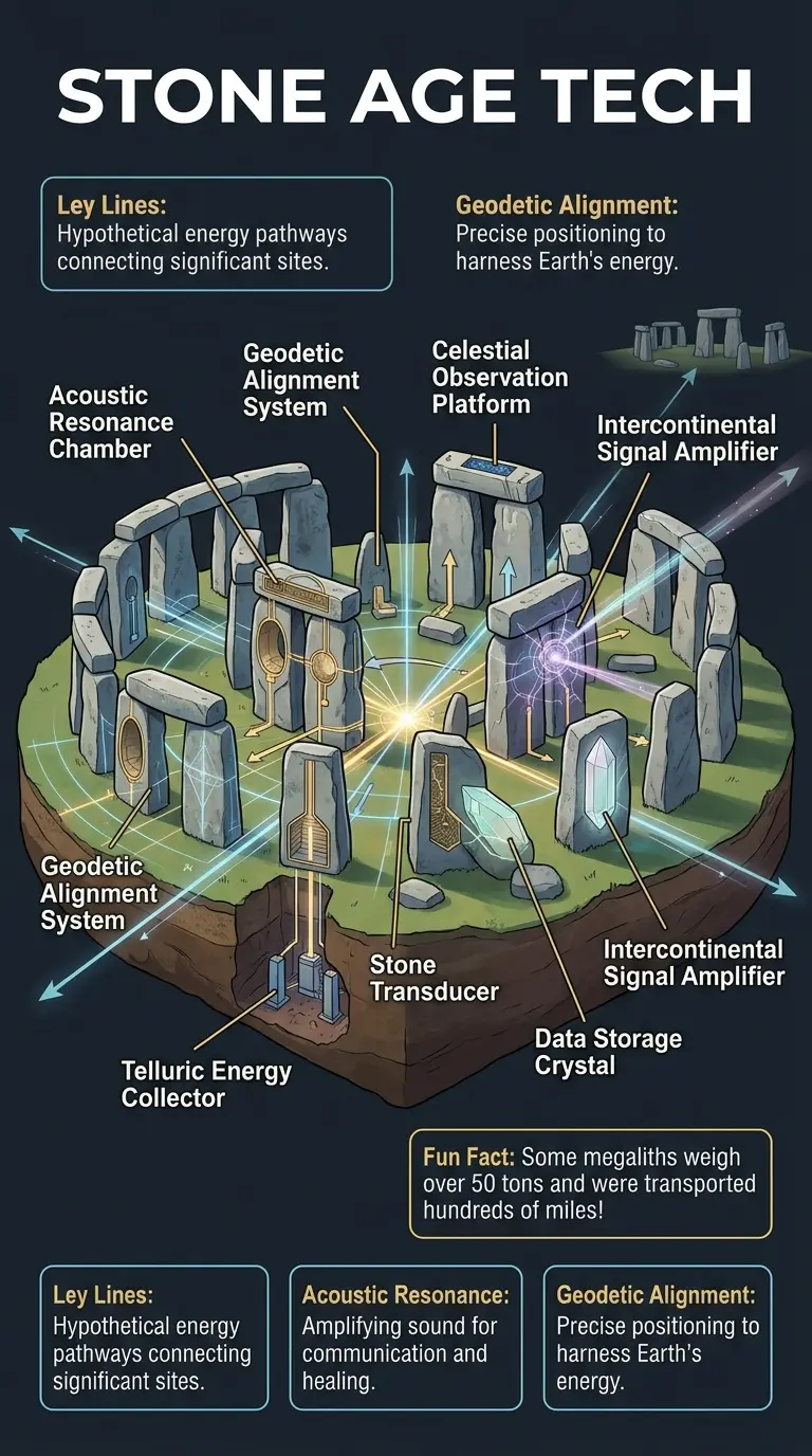 Detailed infographic explaining the possible functions and construction techniques of ancient megalithic structures, highlighting their potential role as Earth's first global network.