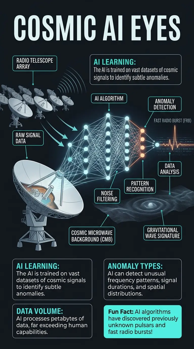 Infographic explaining how AI can be used to uncover hidden cosmic anomalies, including labeled components of the AI process and examples of potential anomalies.