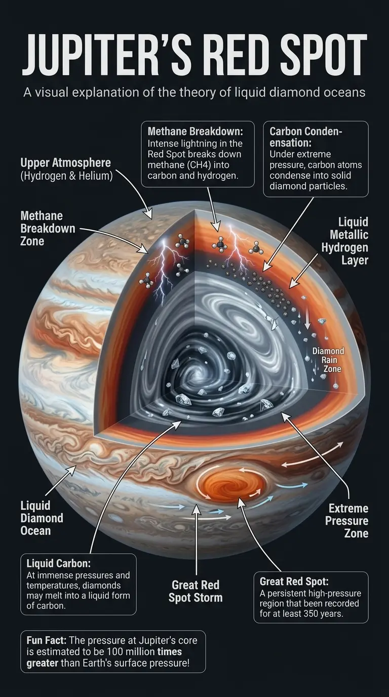 Infographic explaining the science behind the possibility of liquid diamond oceans within Jupiter's Great Red Spot, detailing methane breakdown, carbon condensation, and the extreme pressure conditions.