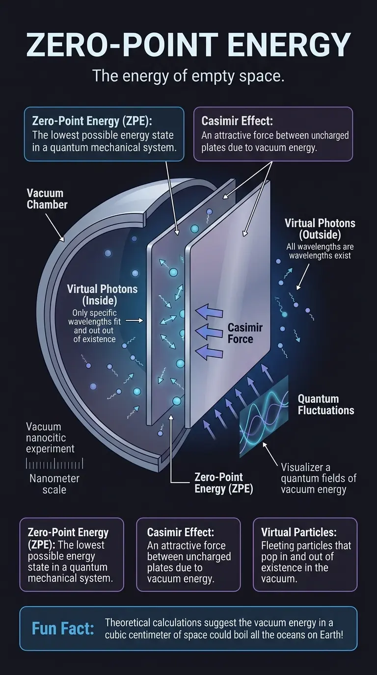 Detailed infographic explaining zero-point energy, the Casimir effect, and the potential for harnessing vacuum energy for future power.