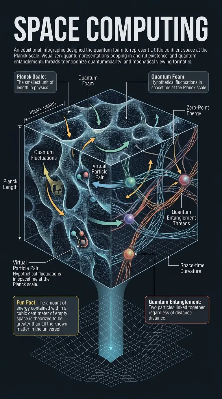 Infographic explaining the theory that empty space acts as a quantum computer, processing information at a subatomic level.