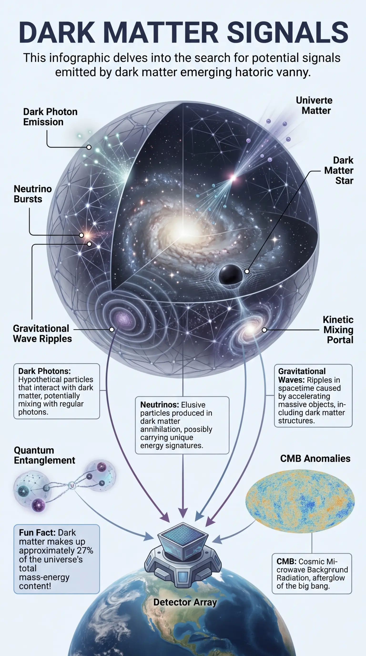Infographic explaining the search for signals from dark matter, including dark photons, neutrinos, and gravitational waves.
