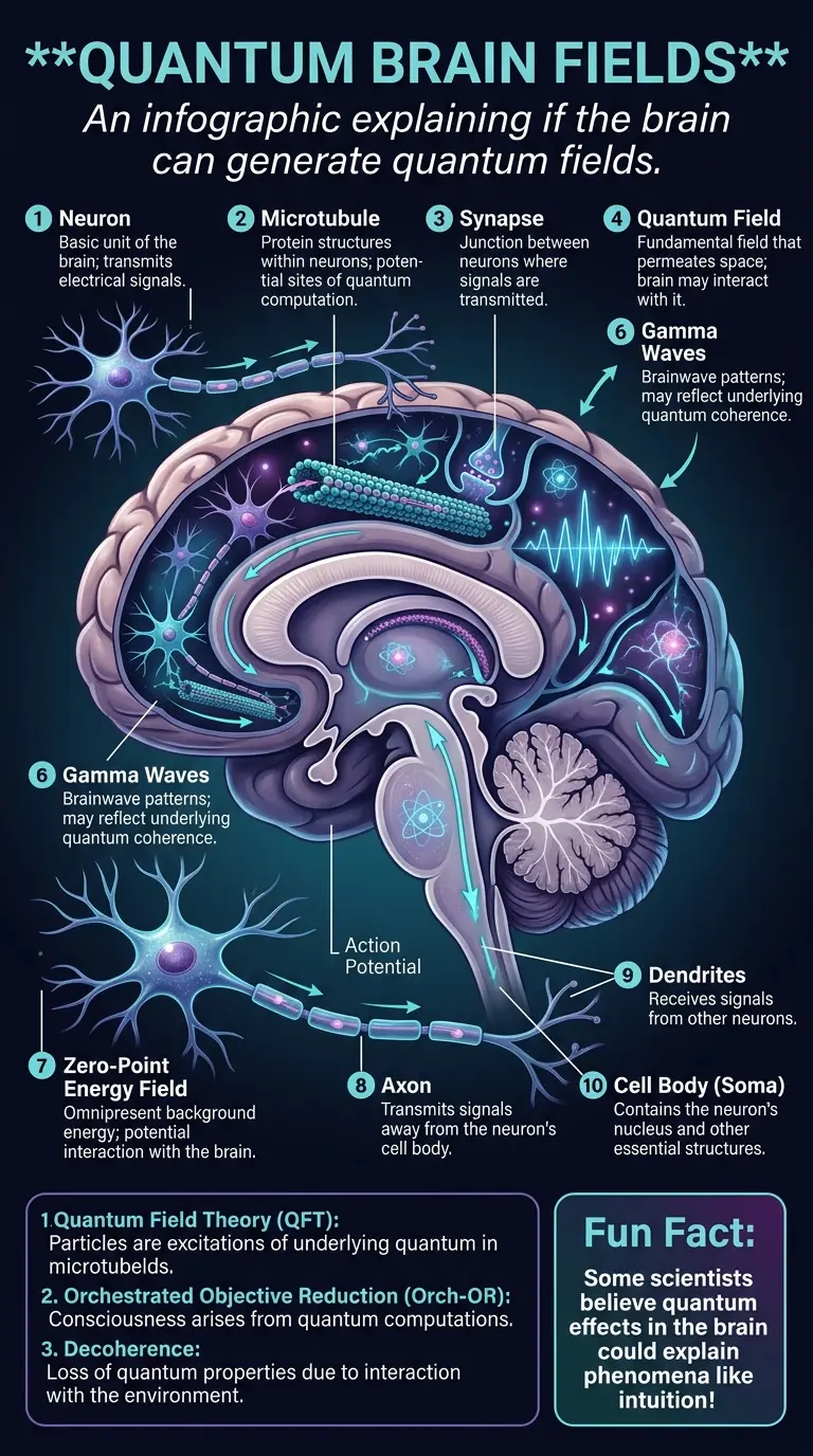 Infographic explaining the quantum brain hypothesis and how brains might generate quantum fields, featuring a cutaway view of a brain with labeled components and quantum processes.