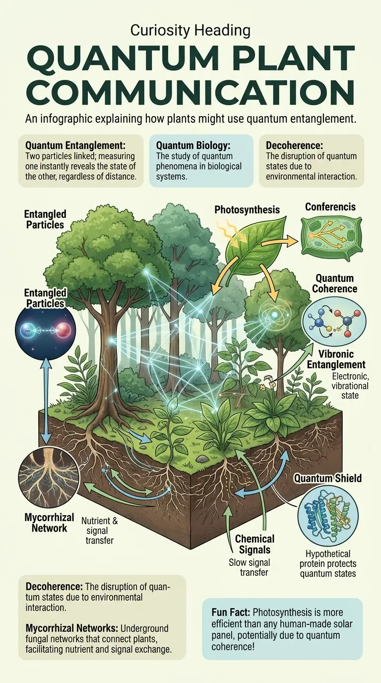Infographic explaining the concept of quantum entanglement in plants and its potential role in communication, including key components and processes. #quantumbiology #plants #science #infographic