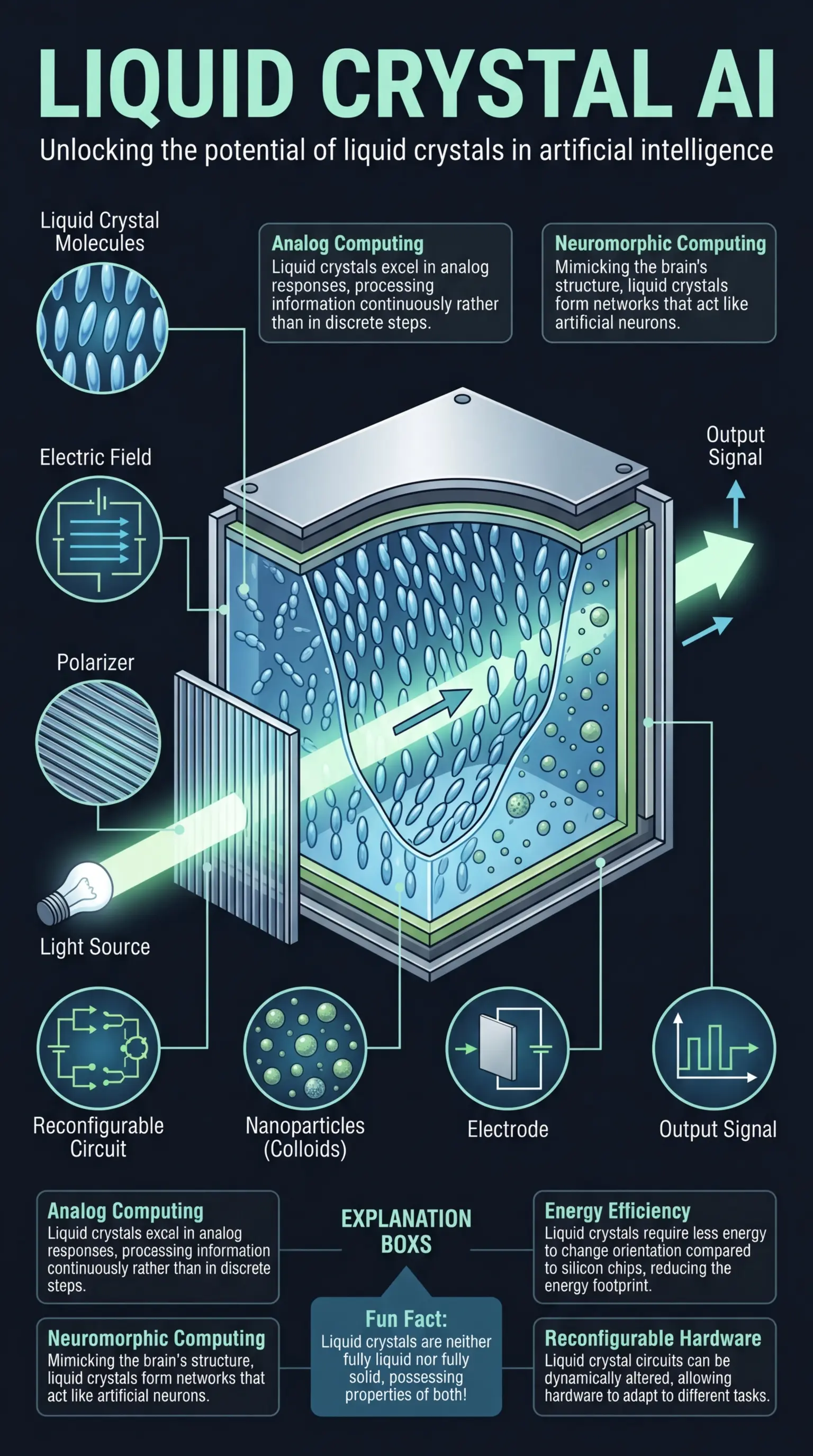 Infographic explaining how liquid crystals can be used for artificial intelligence, highlighting their potential for energy efficiency and novel computing architectures.