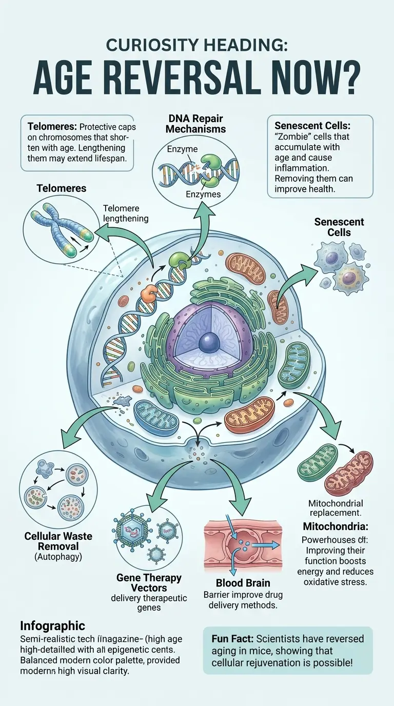 Infographic illustrating potential methods of halting aging, featuring cellular processes and futuristic technologies.
