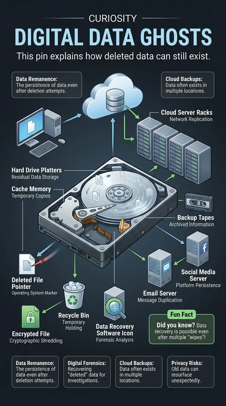 Infographic explaining how deleted digital data can persist on networks and storage devices, creating privacy and security risks.