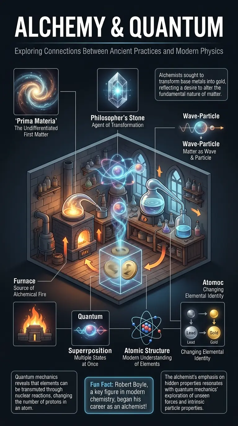 Infographic explaining the surprising parallels between medieval alchemy and modern quantum mechanics, highlighting key concepts and historical connections.