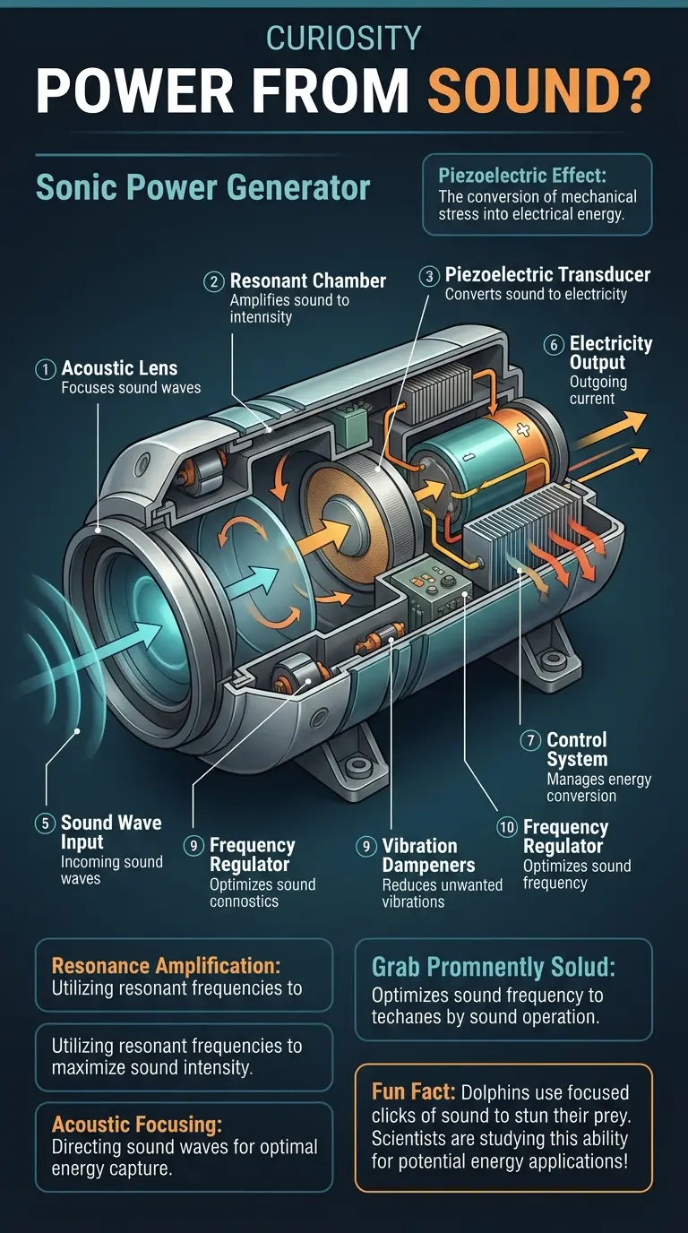 Infographic explaining how sound waves could potentially be harnessed to generate power, detailing the components of a theoretical sonic power generator.