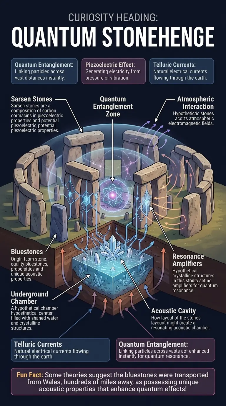 Detailed infographic explaining the theory that Stonehenge functioned as an ancient quantum sensor, showing internal components and energy flow.