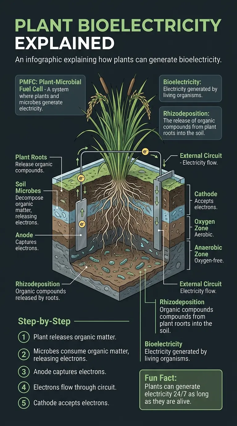 Infographic explaining how plants can generate bioelectricity, showcasing the Plant-Microbial Fuel Cell (PMFC) process and potential applications for sustainable energy.
