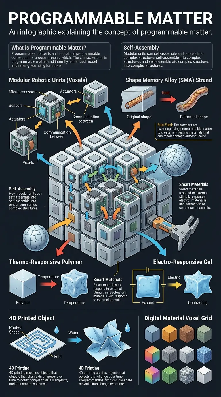 Infographic explaining programmable matter, its mechanisms, applications, and potential future impact. #programmablematter #futuretech #materialscience