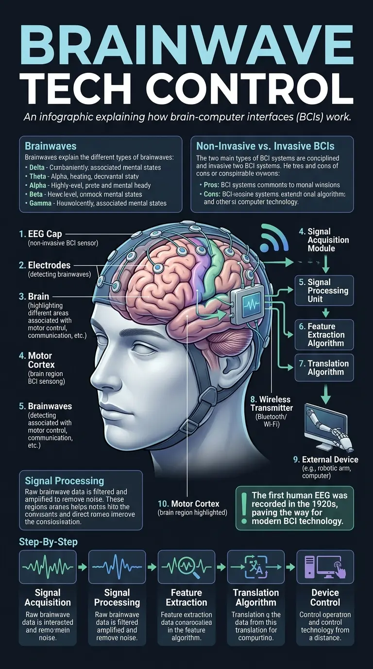 Infographic explaining how brain-computer interfaces (BCIs) work, showing the different types of brainwaves, components of a BCI system, and applications of the technology.