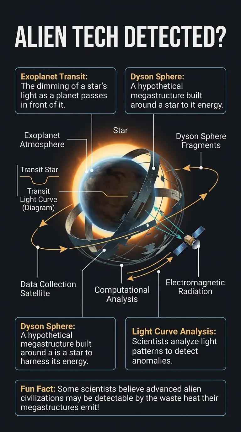 Infographic explaining exoplanet transits and the possibility of detecting alien megastructures around distant stars.