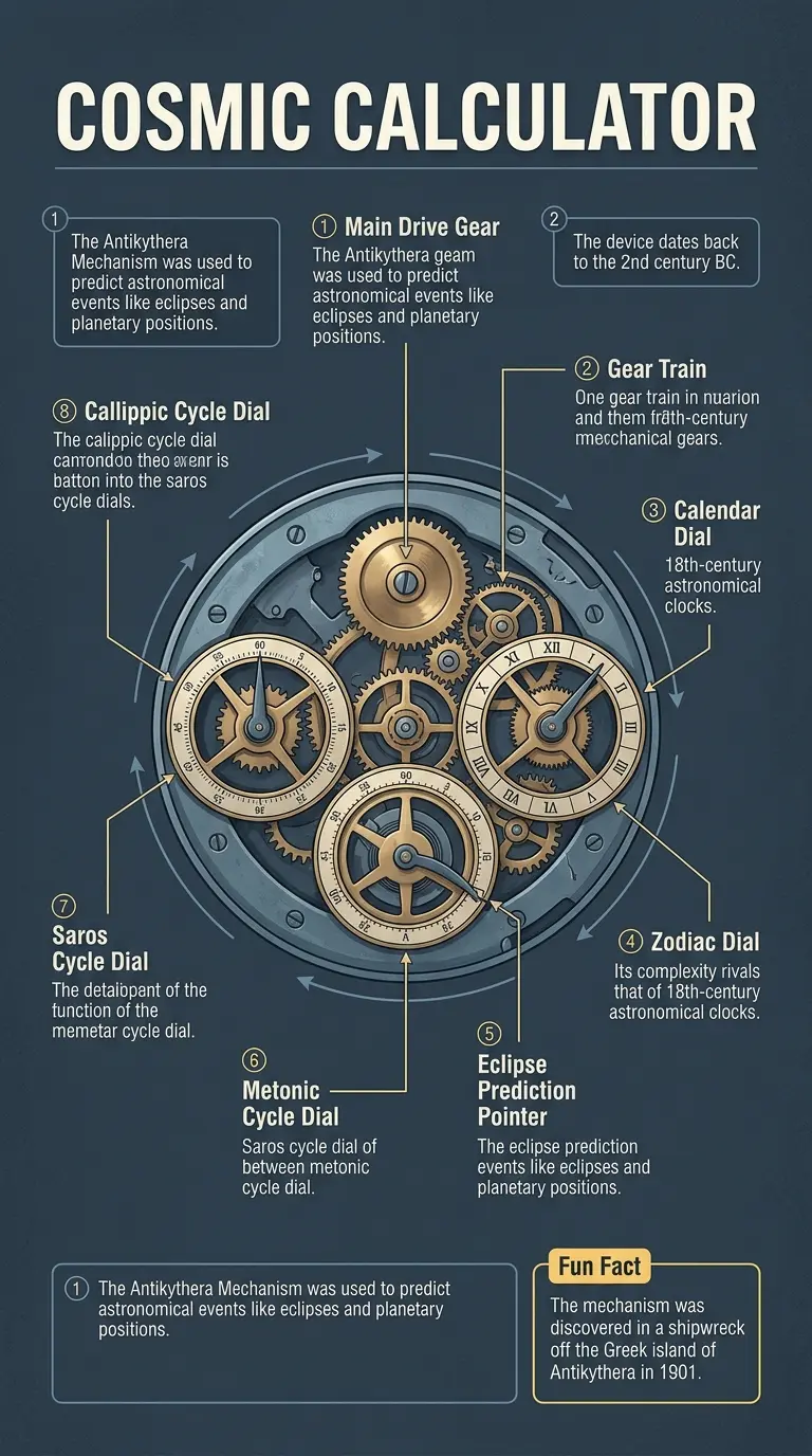 Antikythera Mechanism infographic explaining components and function, ancient Greek astronomical computer.