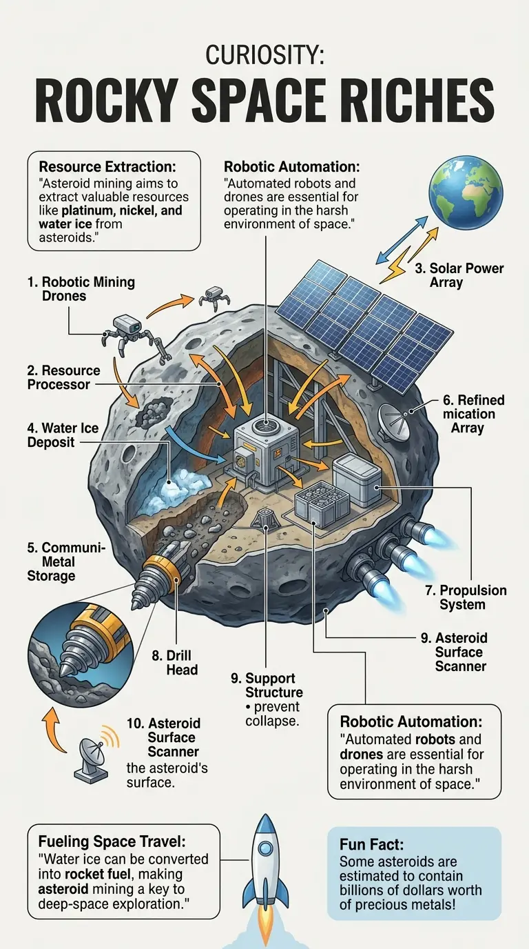 Detailed infographic showing the internal components and processes involved in asteroid mining, highlighting resource extraction and robotic technology.