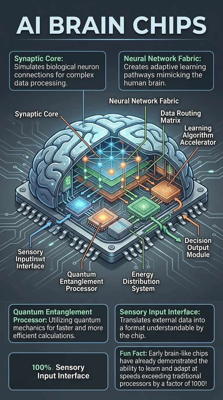Detailed infographic showing the internal structure of a brain-like AI chip, highlighting its components and functions, with arrows indicating data flow and processes.