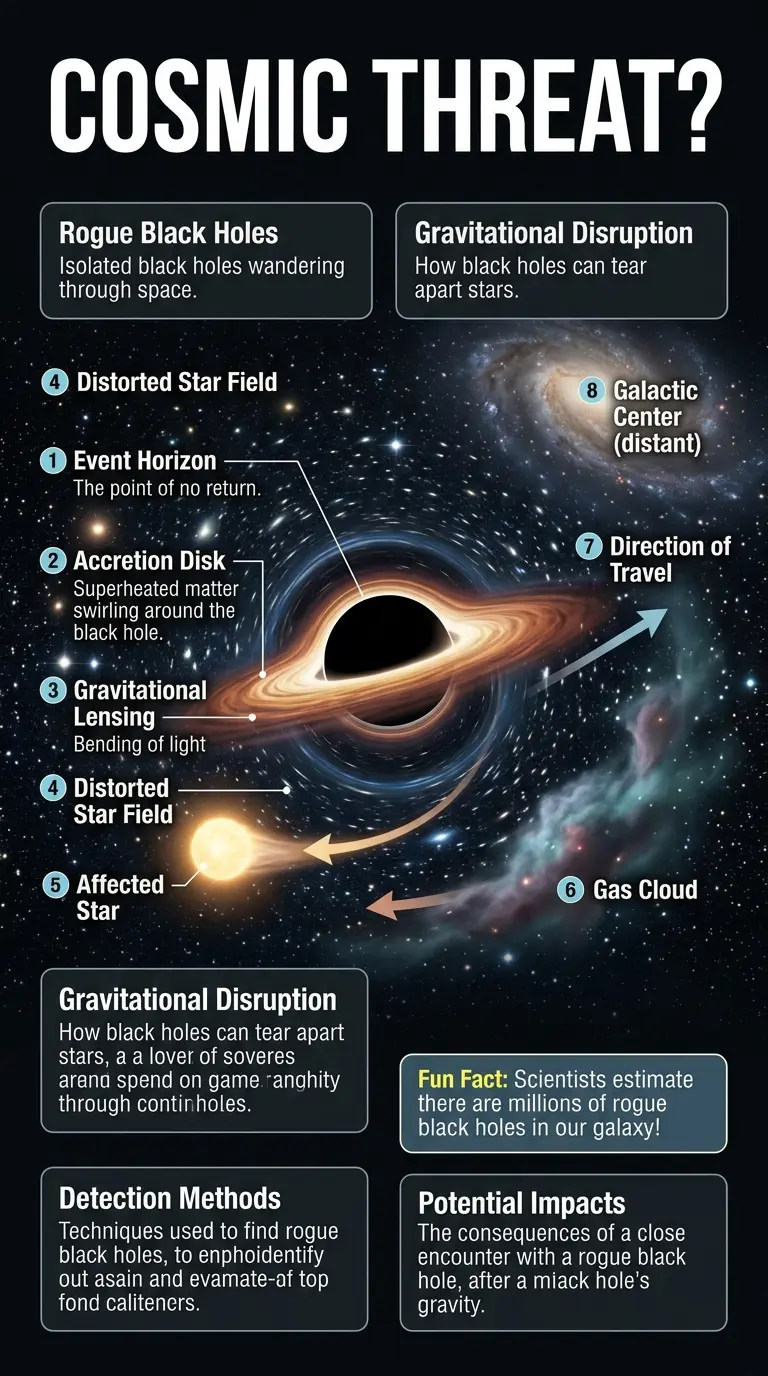 Infographic illustrating the potential threat rogue black holes pose to our galaxy, depicting their movement, gravitational effects, and potential impacts on stars and celestial bodies.