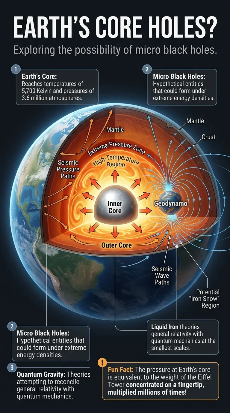 Infographic explaining the possibility of micro black holes forming in Earth's core, detailing the extreme conditions, quantum gravity connection, and reasons against their formation.