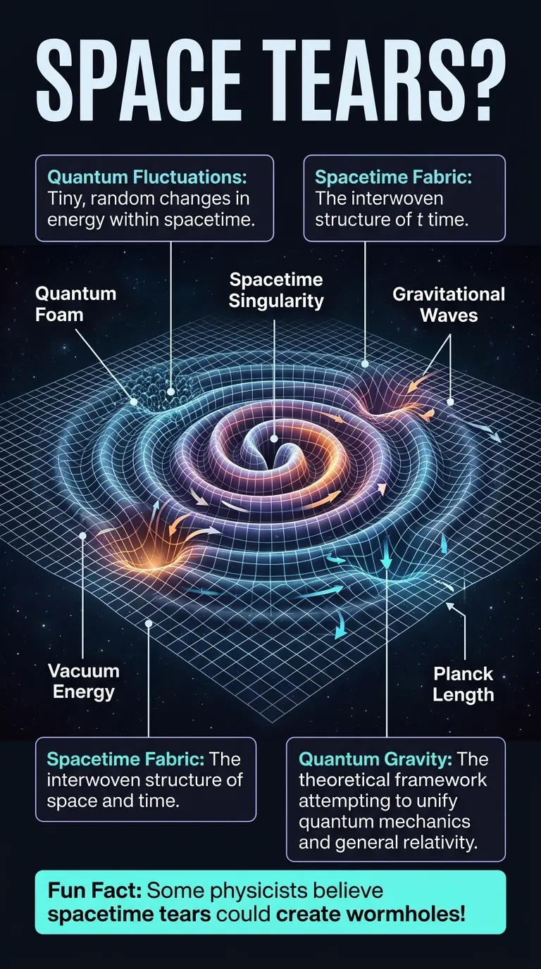 Infographic illustrating the concept of quantum ripples potentially tearing spacetime, showing a stylized representation of spacetime fabric with quantum fluctuations and their possible effects.