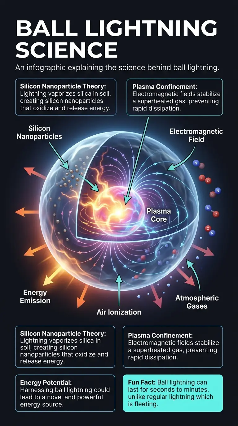 Infographic explaining the science of ball lightning and its potential as a future energy source.