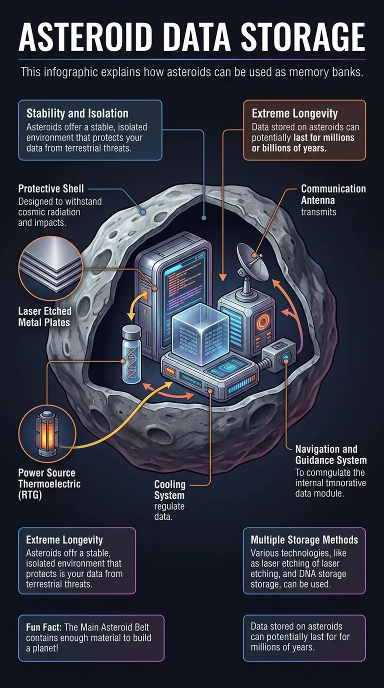 Infographic explaining how asteroids can be used as long-term digital data storage, highlighting the stability and isolation they offer for preserving humanity's knowledge.