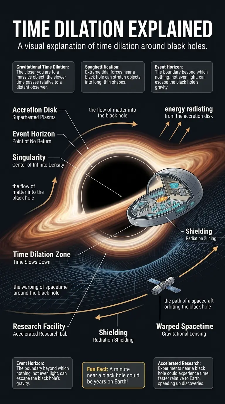 Infographic explaining how black holes can warp time and the potential for future technology.