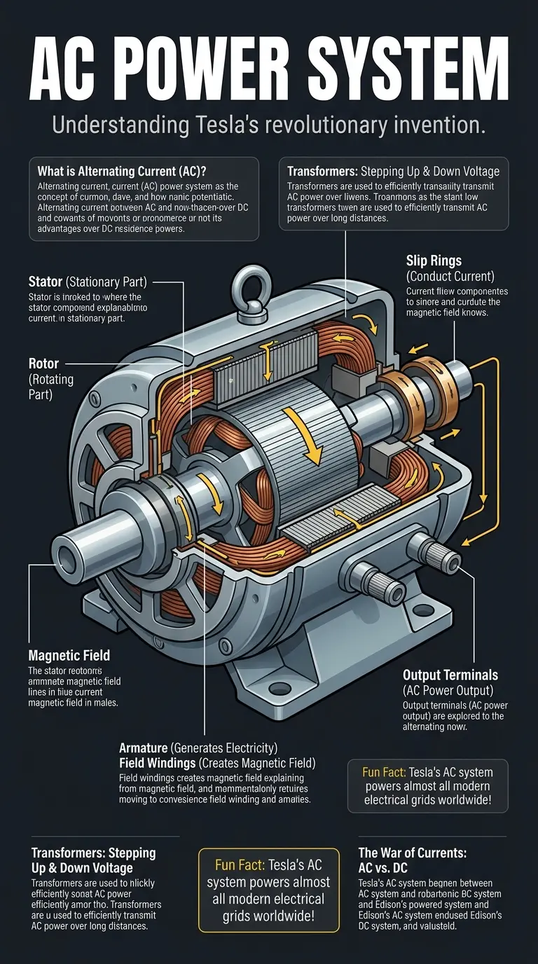 Infographic explaining Nikola Tesla's alternating current (AC) system, its components, and benefits over direct current (DC).