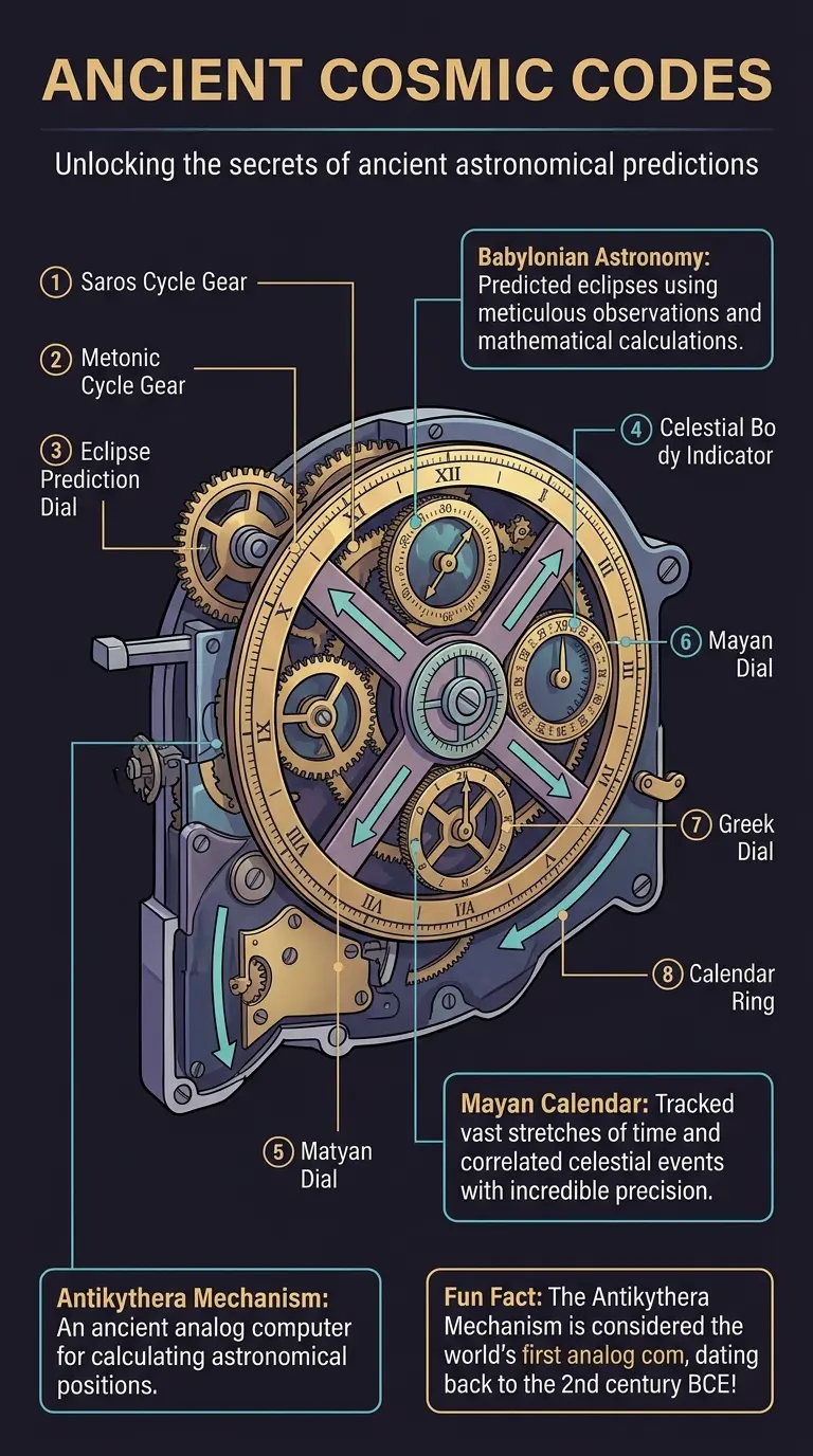 Infographic explaining how ancient civilizations decoded cosmic algorithms to predict celestial events and understand the universe. #ancientastronomy #cosmicalgorithms #infographic